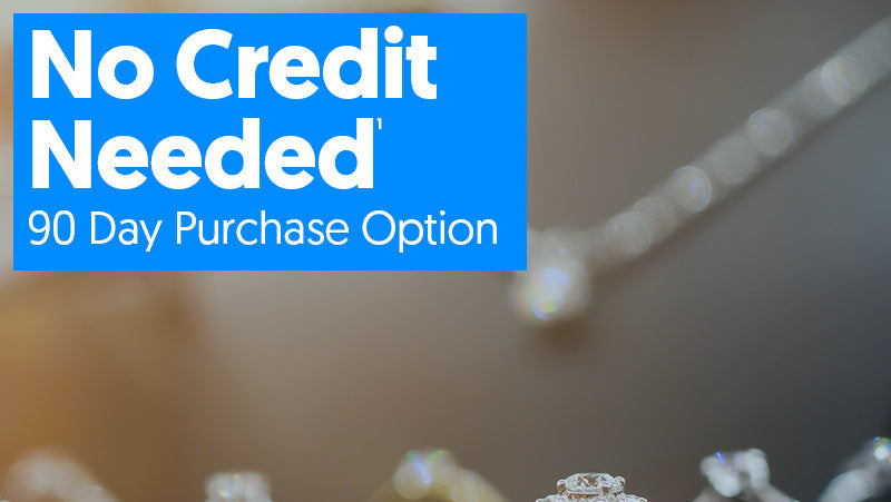 Diamond ring on a stand with 'No Credit Needed' text overlay and Acima branding.