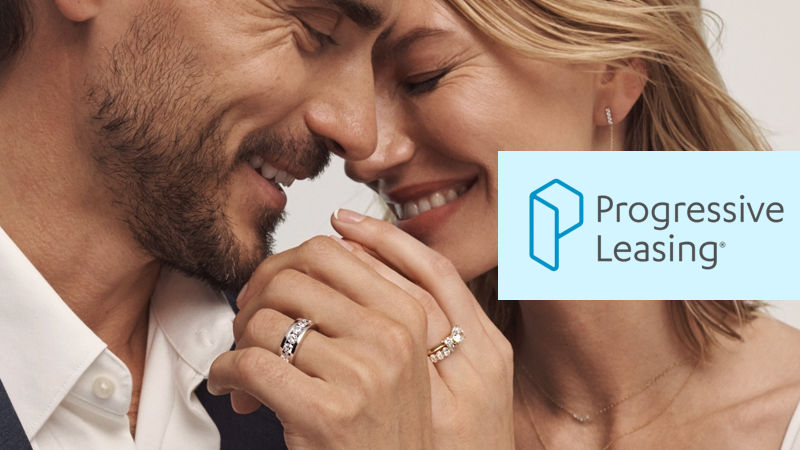 Couple holding hands with a 'Progressive Leasing' logo in the corner